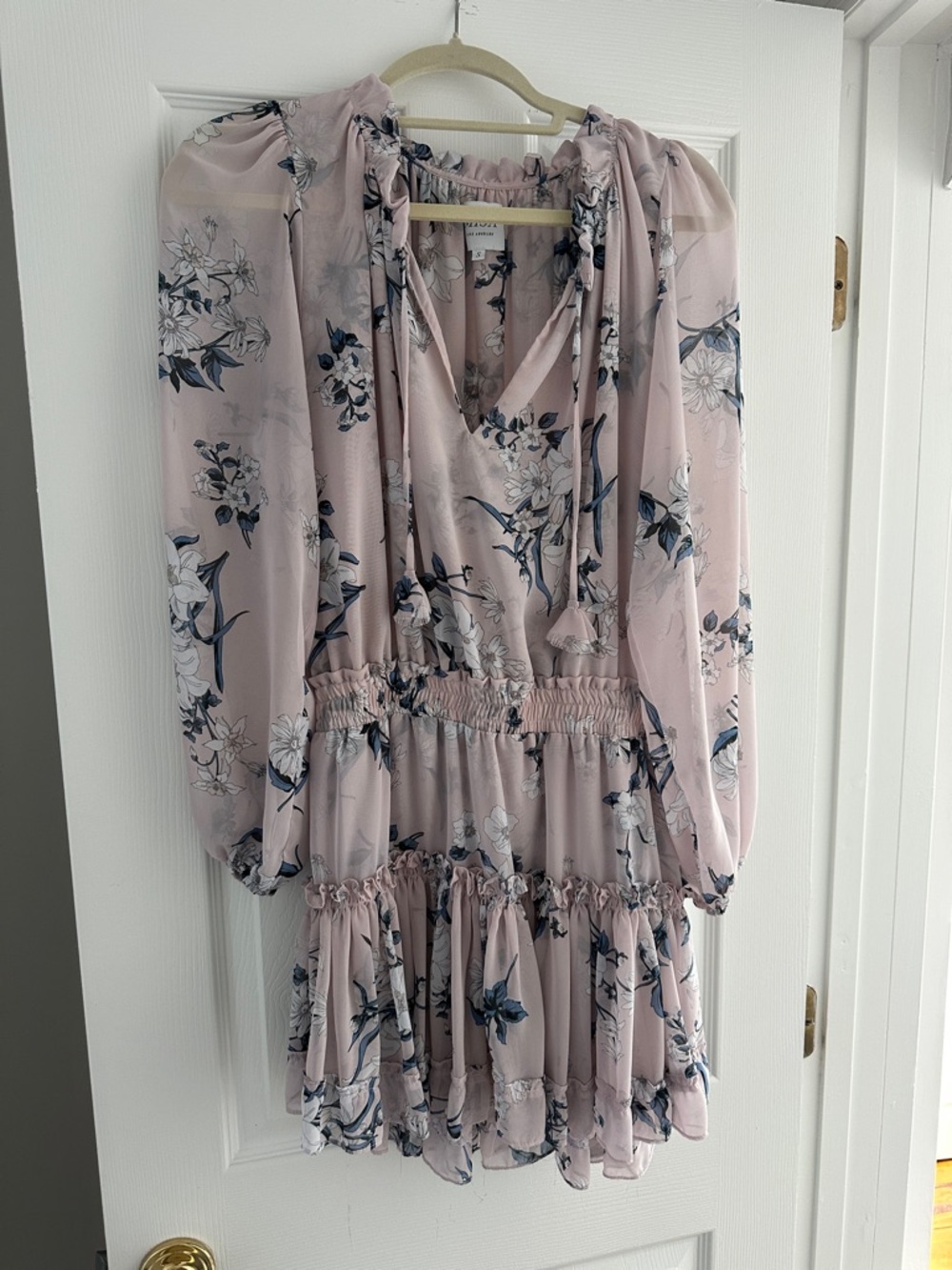 Misa Los Angeles Blush Pink Floral Long-Sleeve Tiered Dress